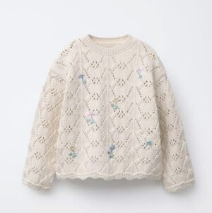 Zara Cream Knit Sweater with Floral Accents Size 4 Nwt